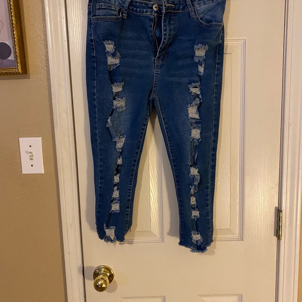 Distressed Blue Jean Capris